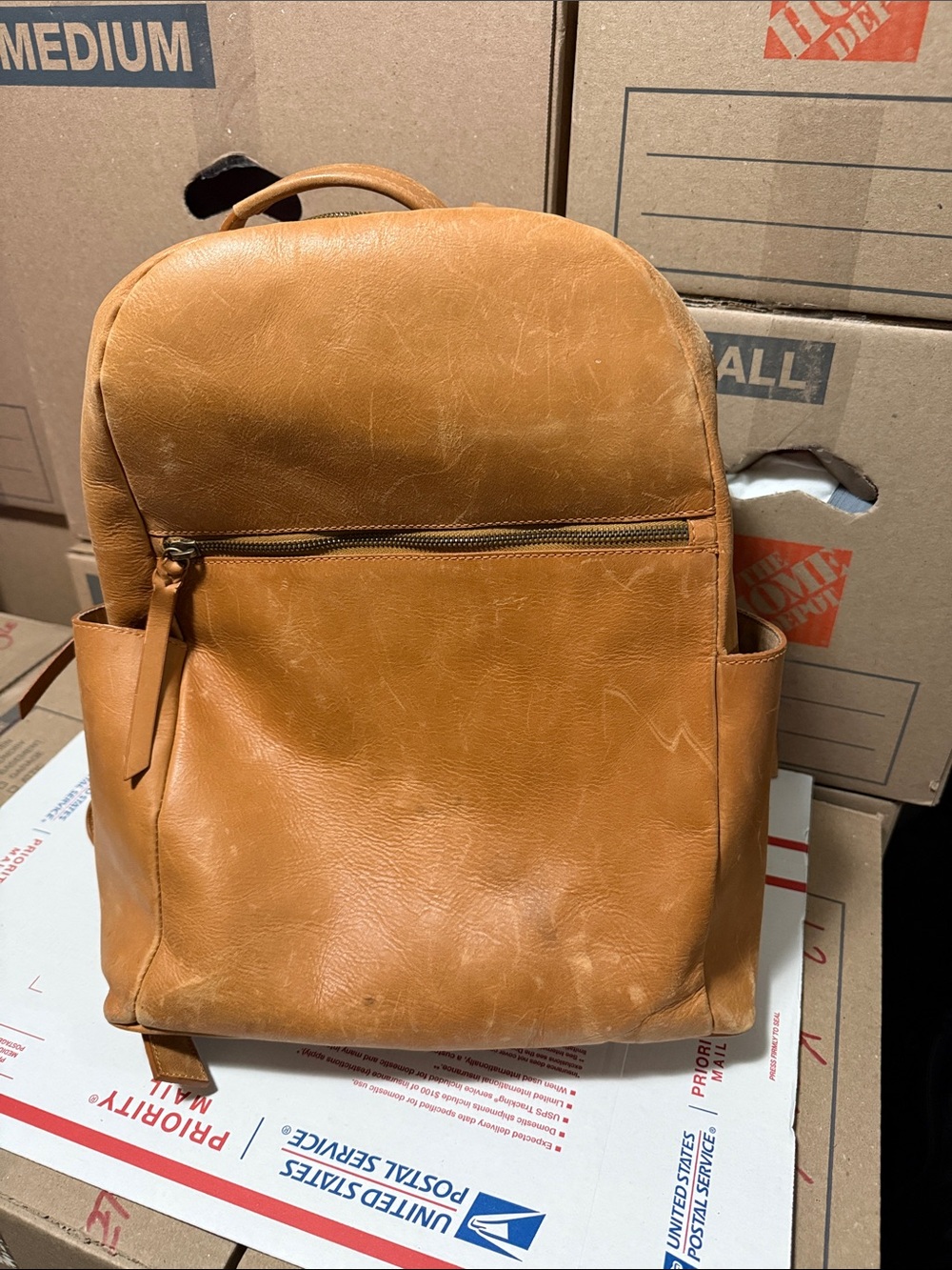 Able Tan Leather Backpack with Front Zip Pocket
